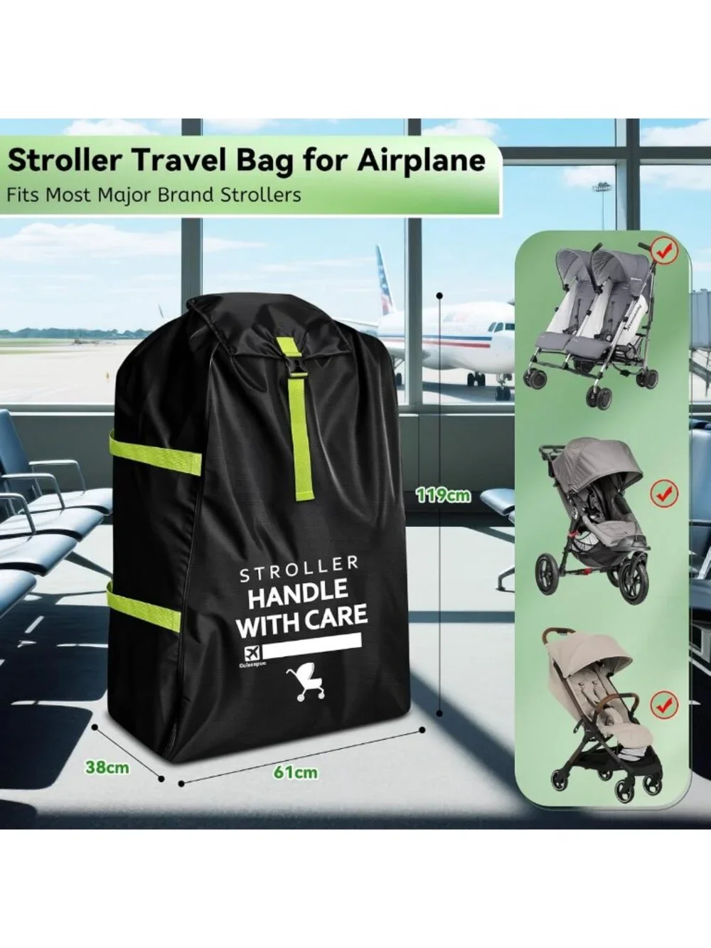 Extra Large Travel Stroller Bag for Airplane - 47”H x 24”W x 15”D Cover